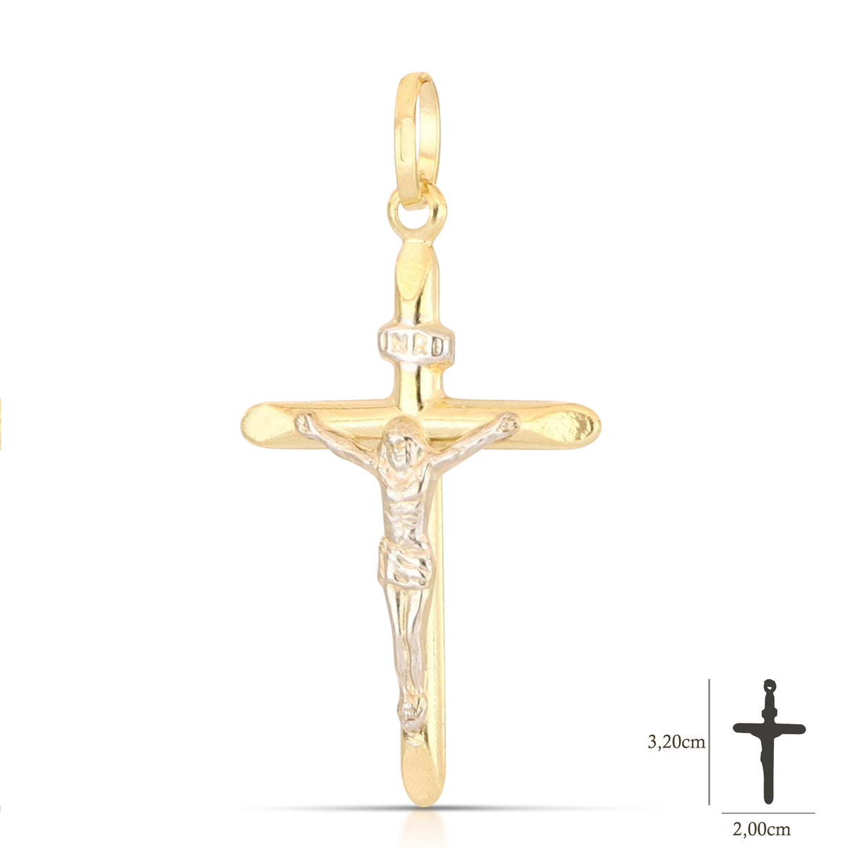 Colgante cruz estampada con Cristo en oro bicolor 18k – 2x3 cm
