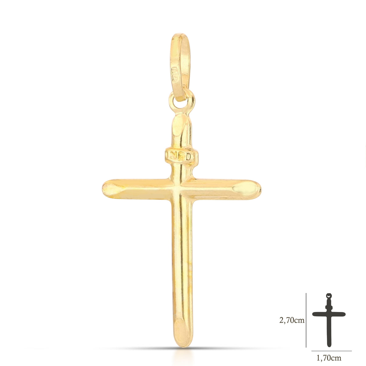 Croce stampata lucida oro giallo 18kt 1,7x2,7cm