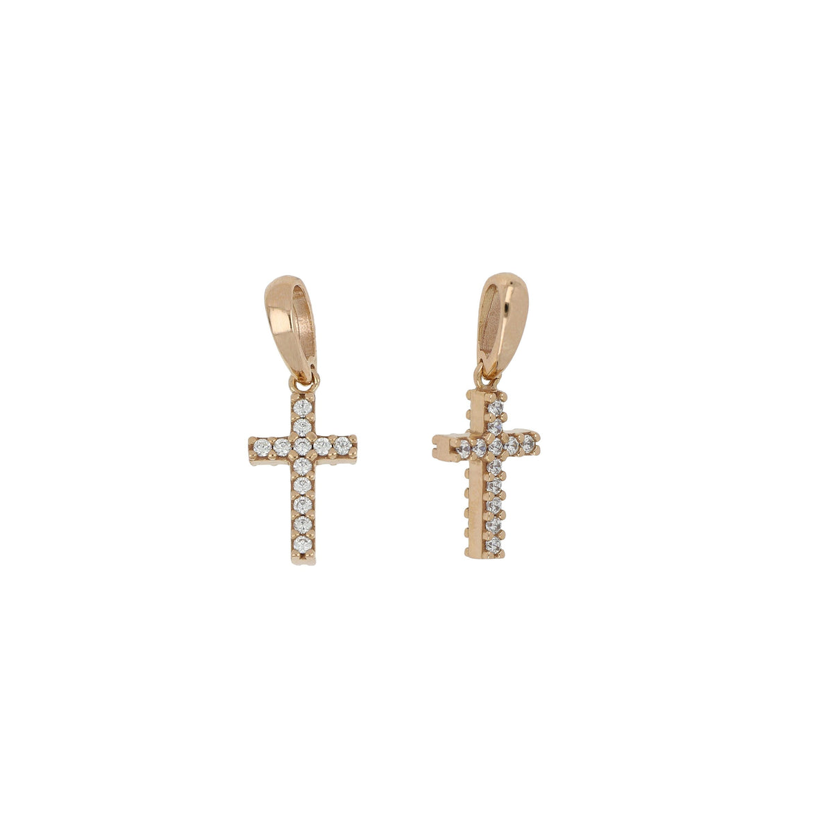 Colgante cruz microfundida con circonitas doble cara en oro rosa 18k – 0,75x1,2 cm