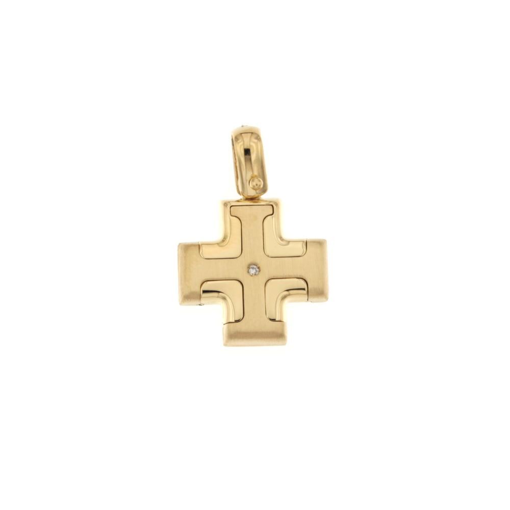 Croce greca scatolata con brillante oro giallo 18kt 1,4x1,4cm