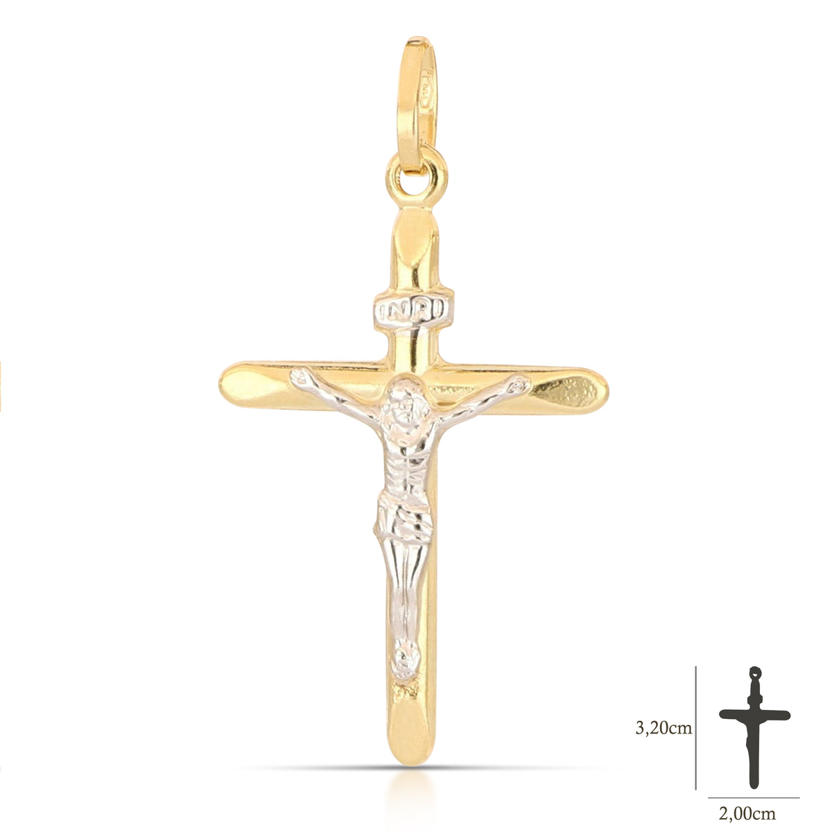Colgante cruz abombada con Cristo en oro bicolor 18k – 2x3 cm