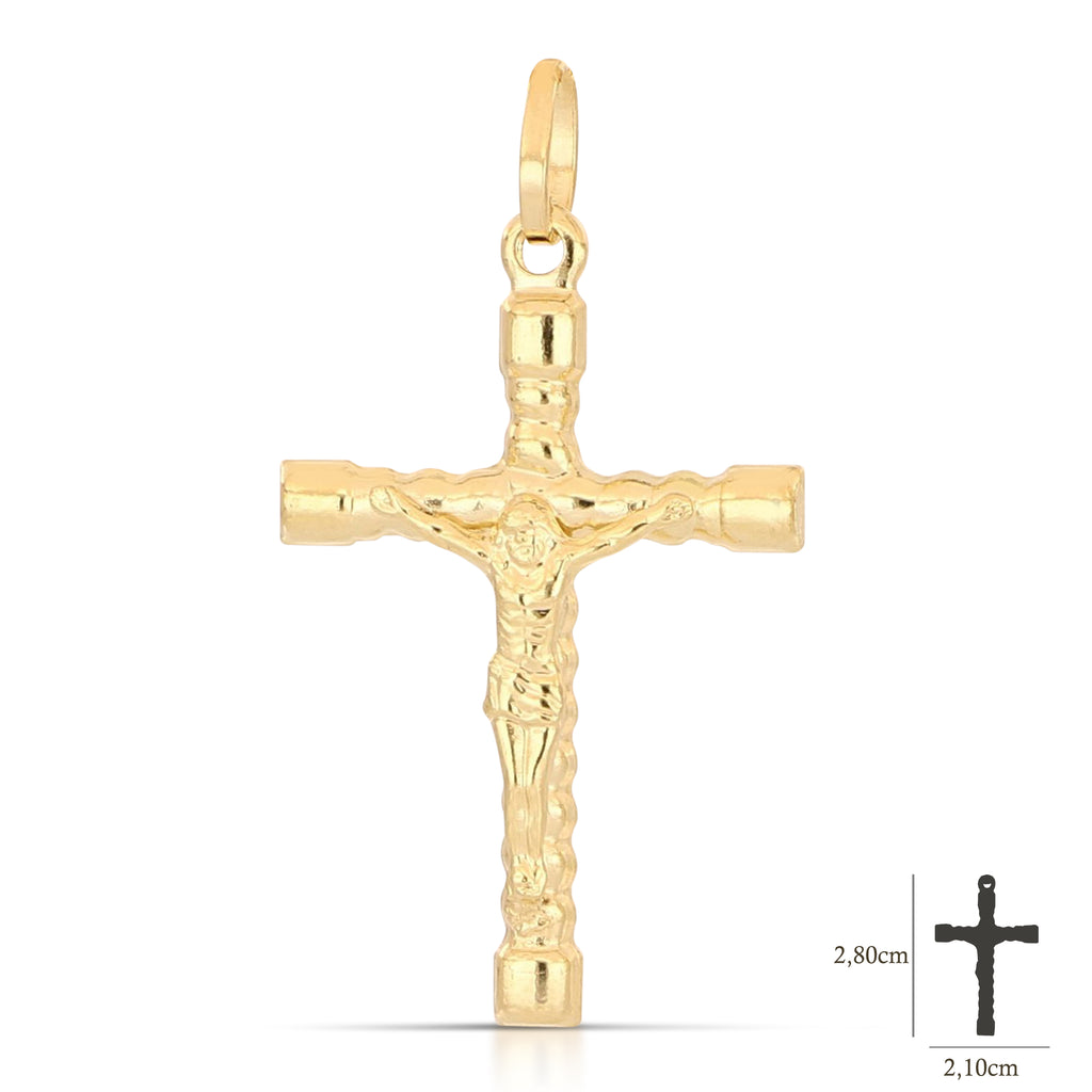 Colgante cruz abombada con Cristo en oro amarillo 18k – 2,1x2,8 cm