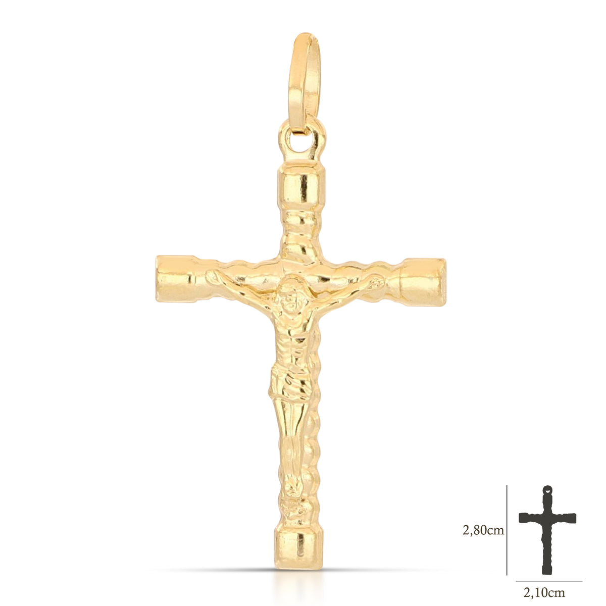 Colgante cruz abombada con Cristo en oro amarillo 18k – 2,1x2,8 cm