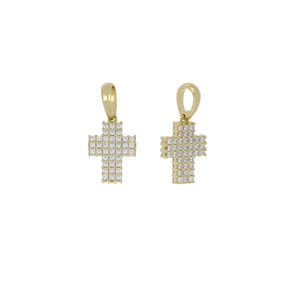 Colgante cruz microfundida con circonitas doble cara en oro amarillo 18k – 1x1,25 cm