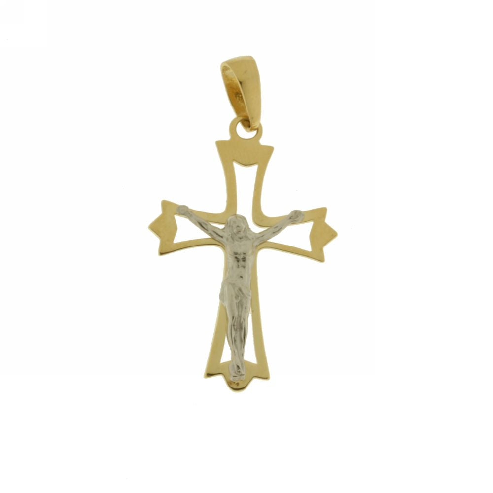 Colgante cruz calada con Cristo en oro bicolor 18k – 2x2,4 cm