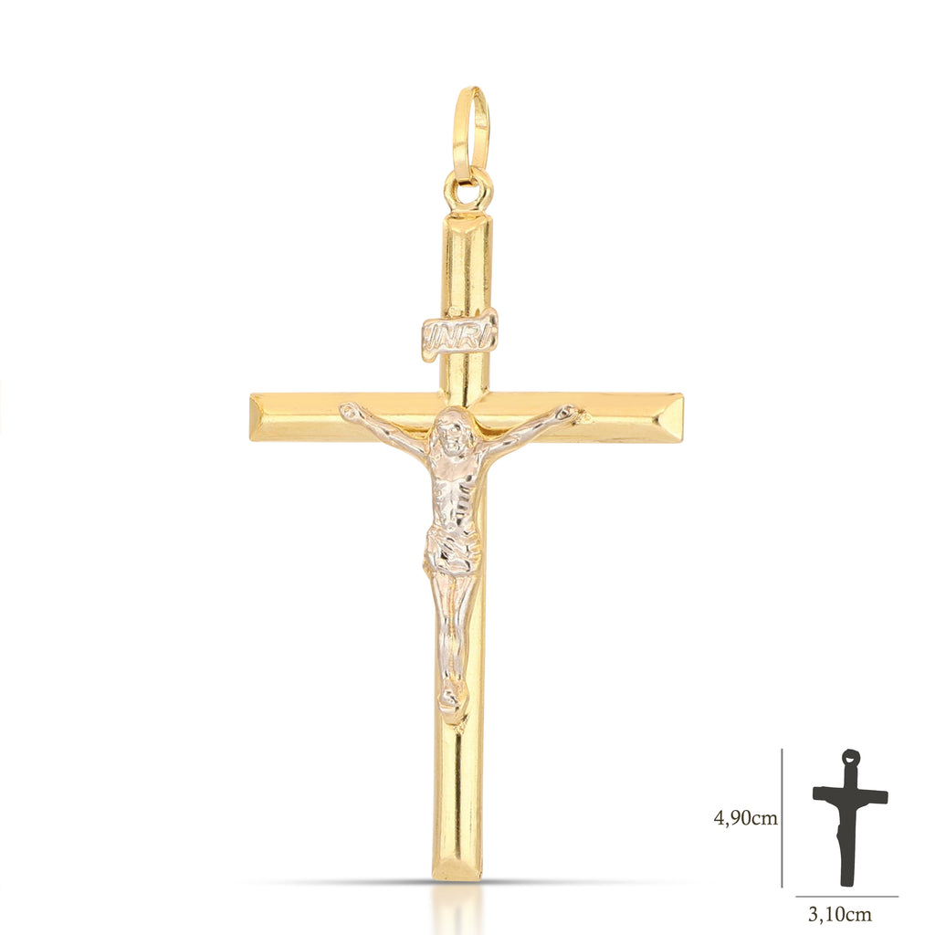 Croce scatolata con Cristo bicolore con catena figaro 4mm 50cm, oro 18kt 3,1x4,6cm