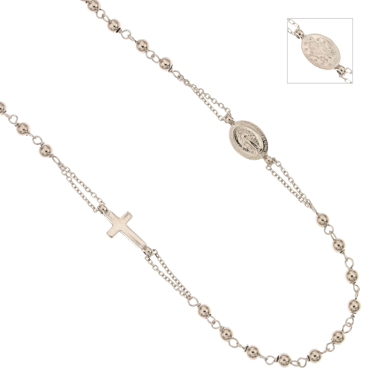 Girocollo rosario con Madonna Miracolosa oro bianco 18kt grani 2,5mm 45cm