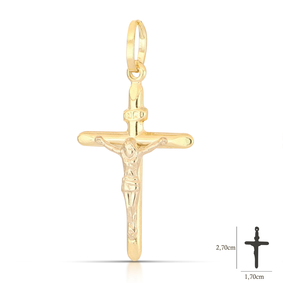 Colgante cruz abombada con Cristo en oro amarillo 18k – 1,7x2,4 cm