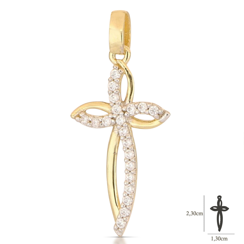Colgante cruz microfundida con circonitas en oro bicolor 18k – 1,3x2,3 cm
