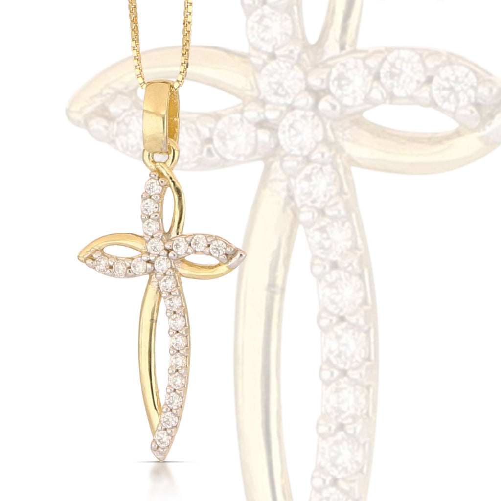 Colgante cruz microfundida con circonitas en oro bicolor 18k – 1,3x2,3 cm