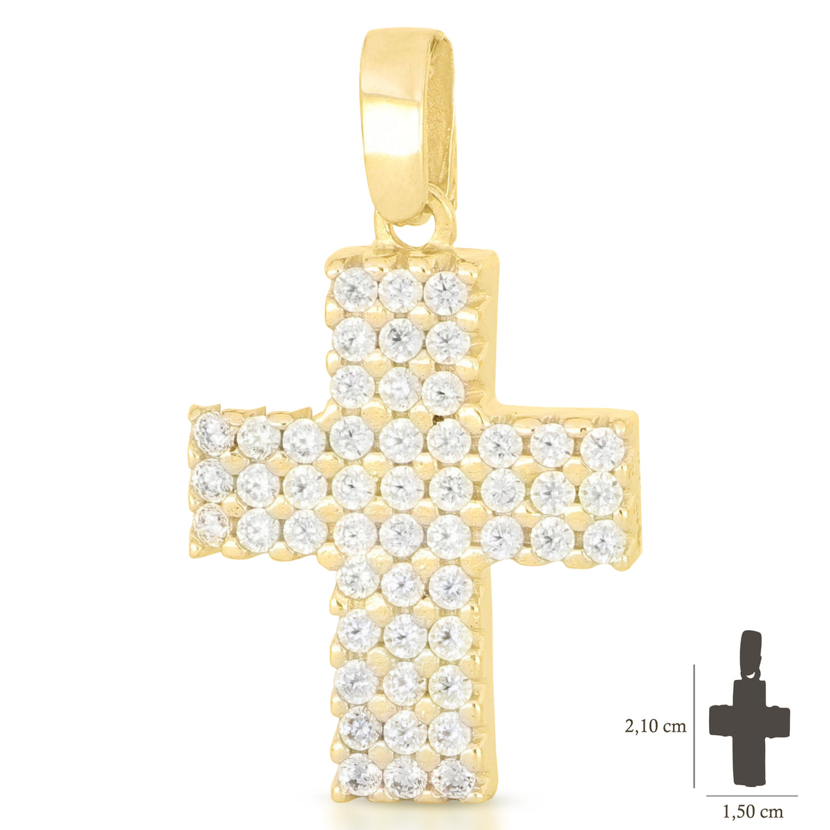 Colgante cruz microfundida con circonitas en oro amarillo 18k – 1,5x2,1 cm