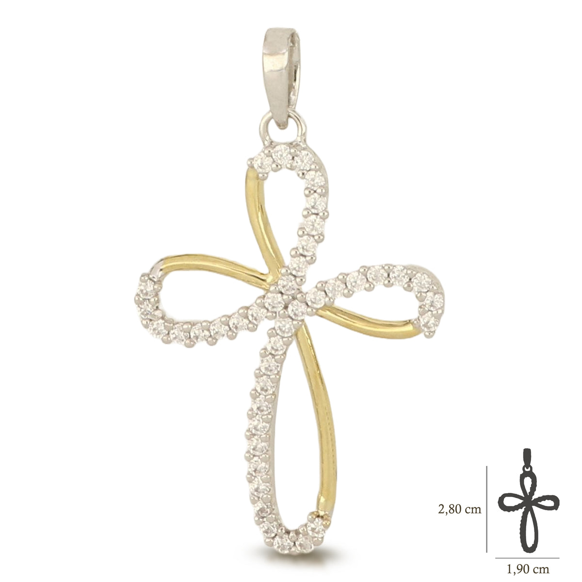 Colgante cruz estilizada con circonitas en oro bicolor 18k – 2x2,8 cm