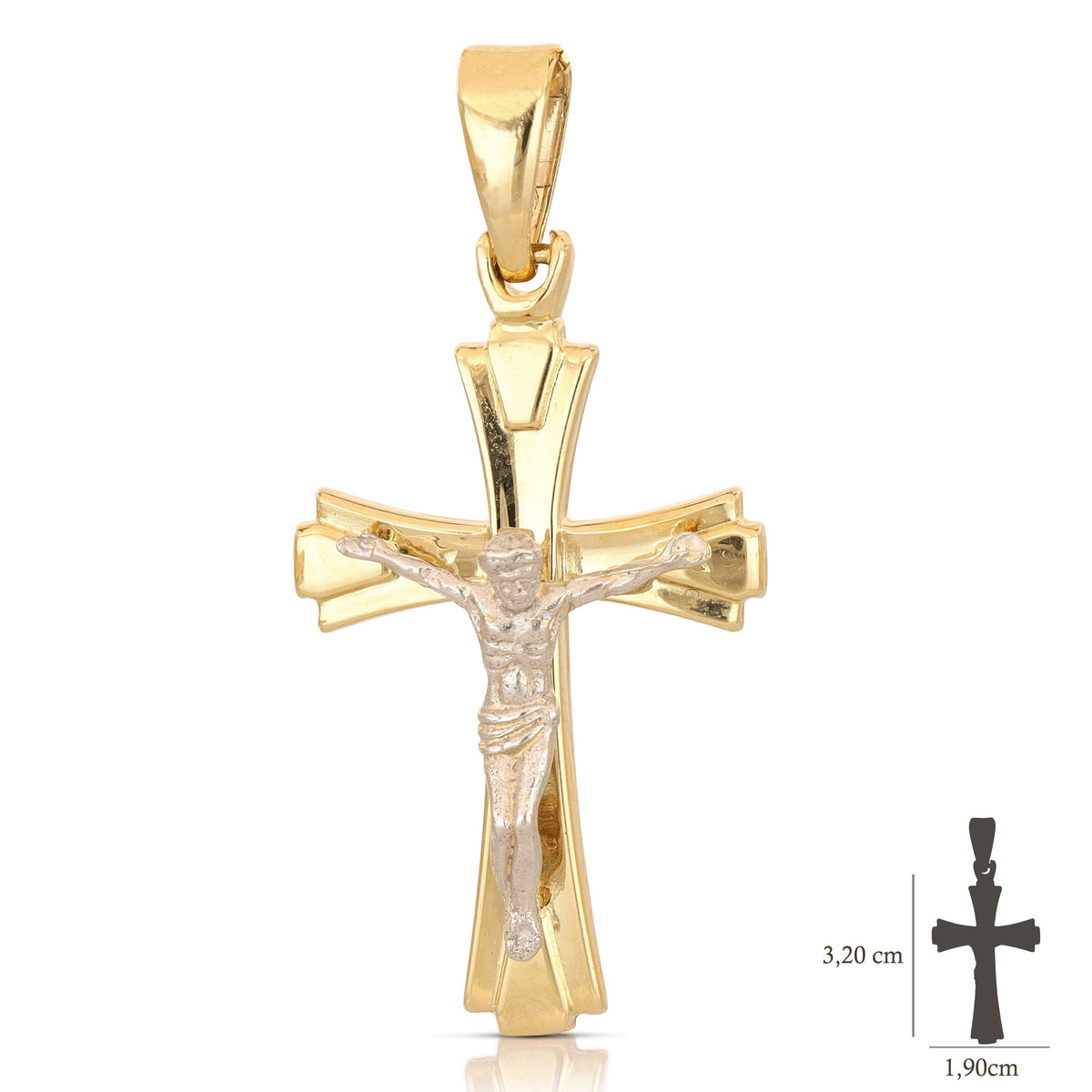Colgante cruz abombada con Cristo en oro bicolor 18k – 1,9x3,2 cm