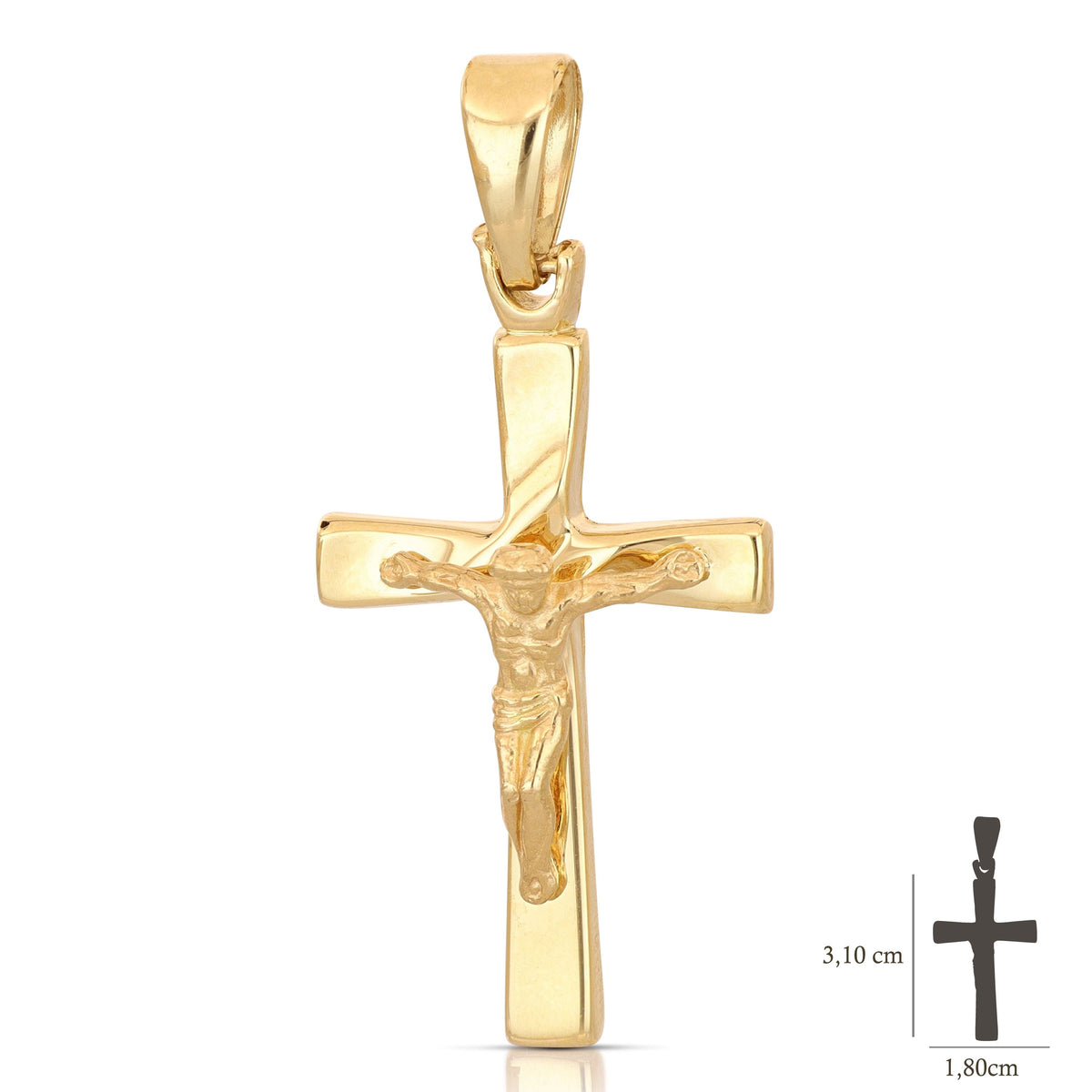 Colgante cruz abombada con Cristo en oro amarillo 18k – 1,8x3,1 cm