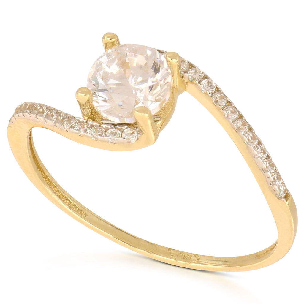 Anello solitario fantasia 4 griffe con zirconi in oro giallo 18kt