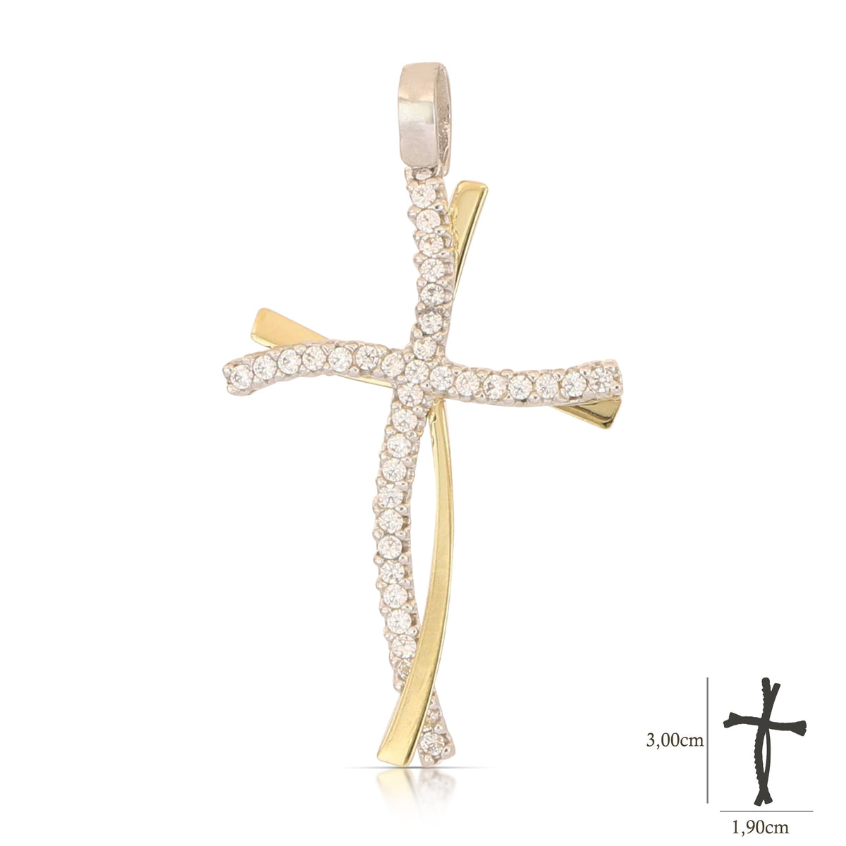 Colgante cruz microfundida con circonitas en oro bicolor 18k – 1,9x3 cm
