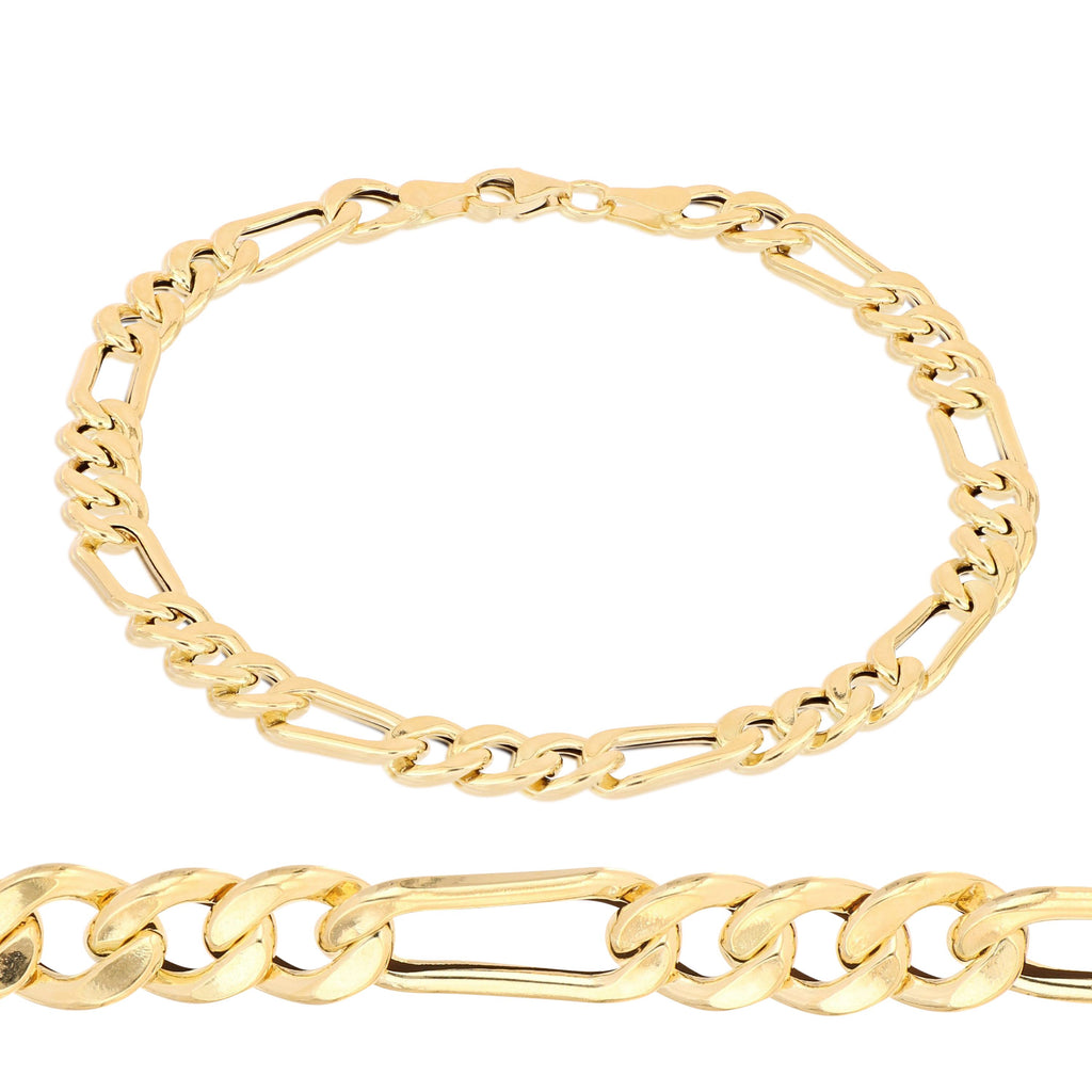 Pulsera fígaro 3+1 hueca en oro amarillo 18k – 6 mm, 21 cm