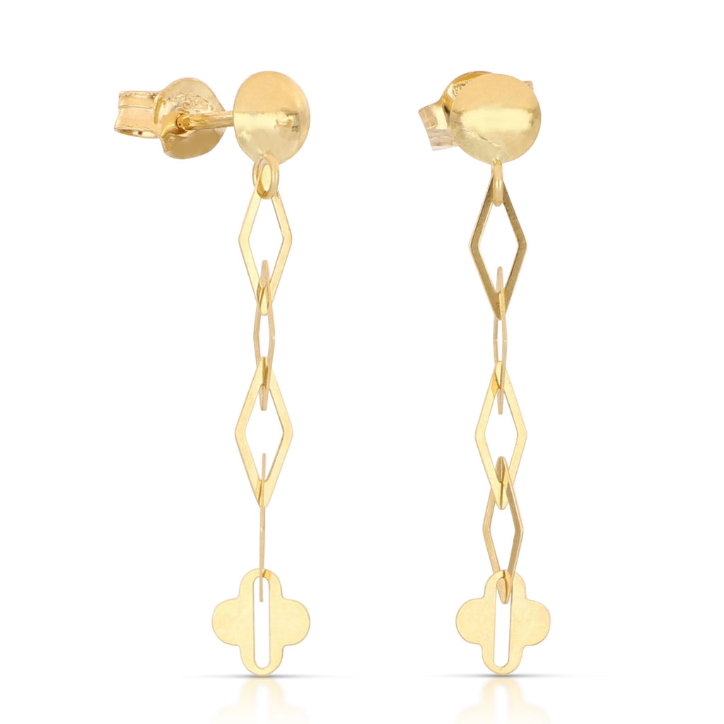 Four-Leaf Clover Drop Earrings in 18k Italian Yellow Gold – 4x27mm