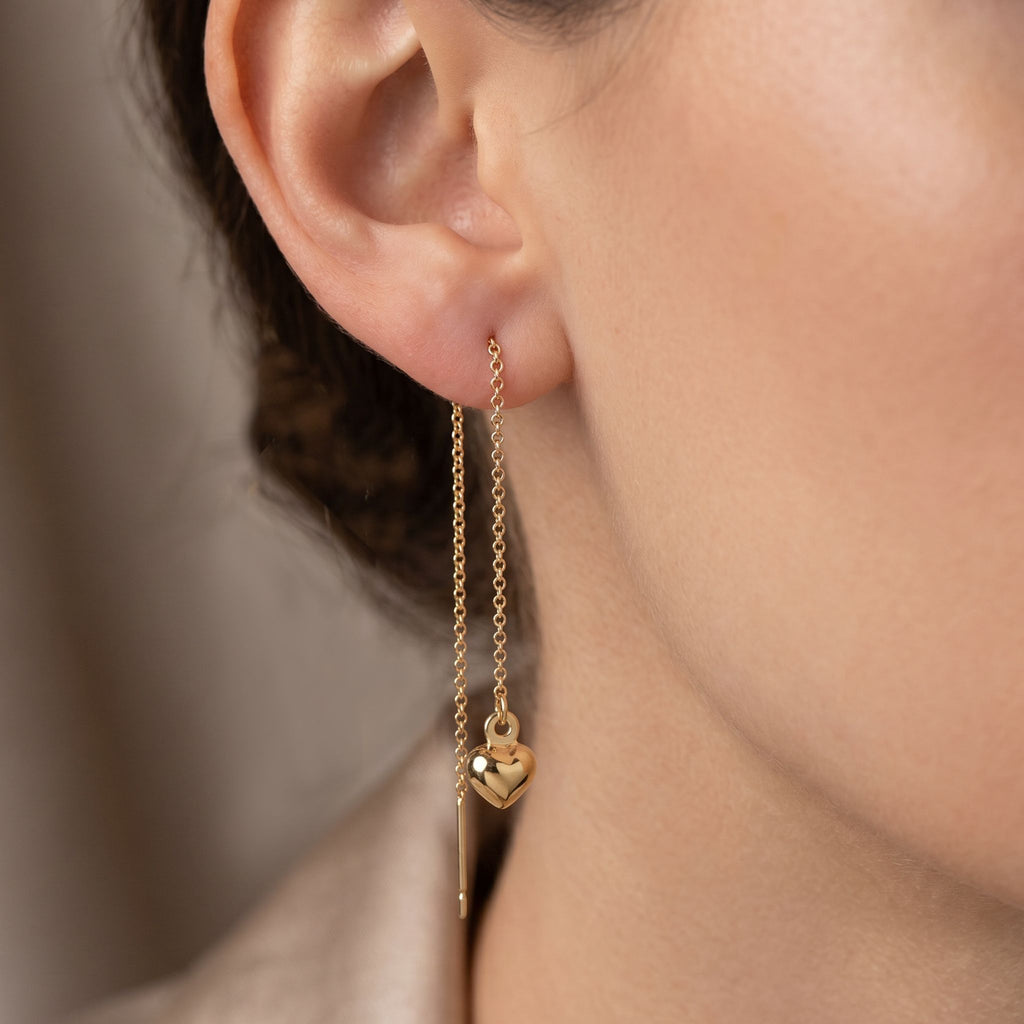 Sliding Heart Threader Earrings in 18k Italian Yellow Gold – 5x7mm
