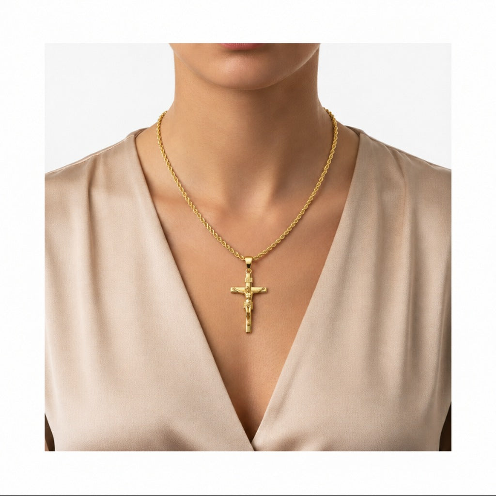 Croce scatolata con Cristo con catena fune 2,6mm 45cm, oro 18kt 2x3,1cm