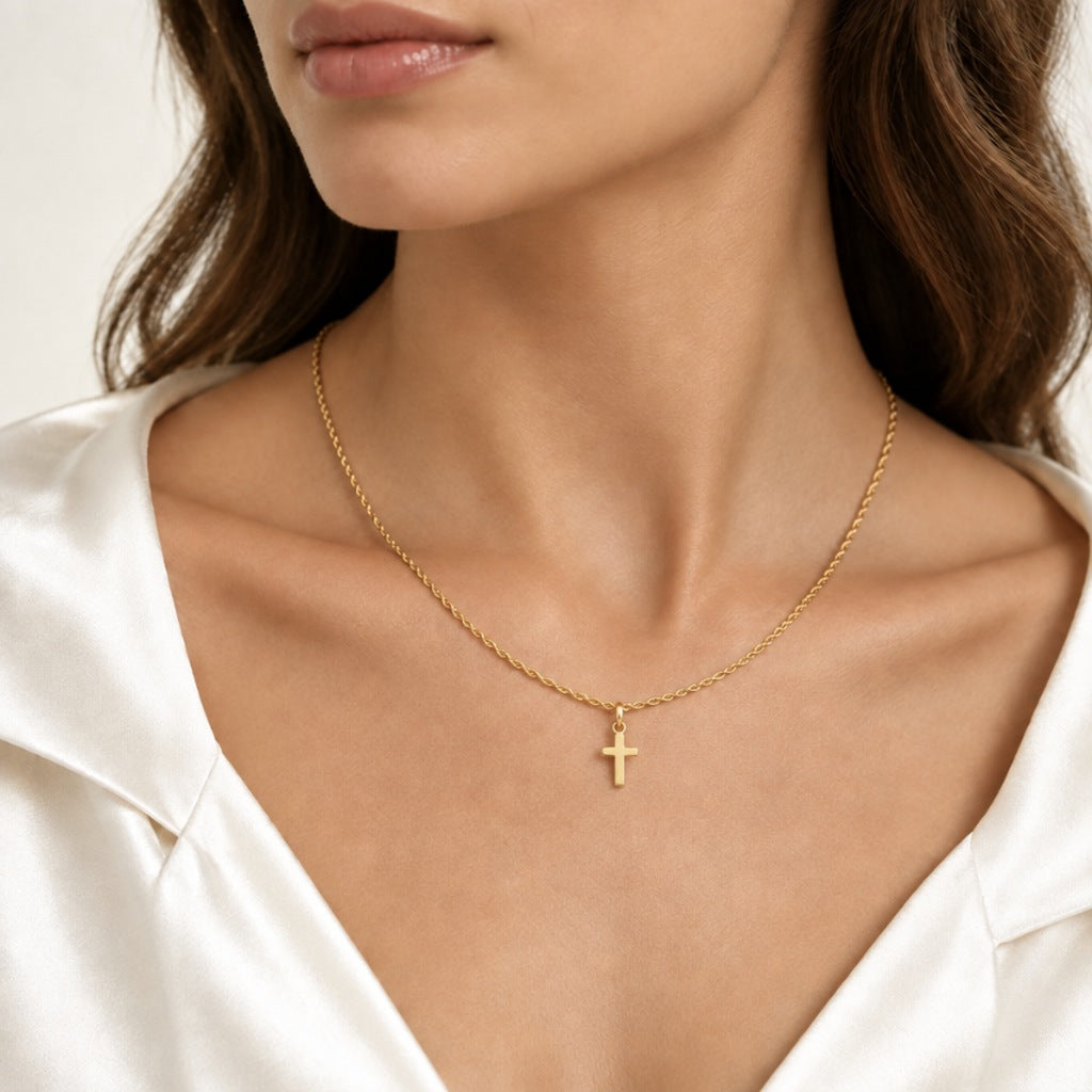 Croce piena con catena fune 1,6mm 40cm, oro 18kt 0,6x1cm