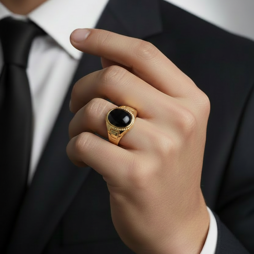 Anello uomo con onice ovale oro giallo 18kt indossato