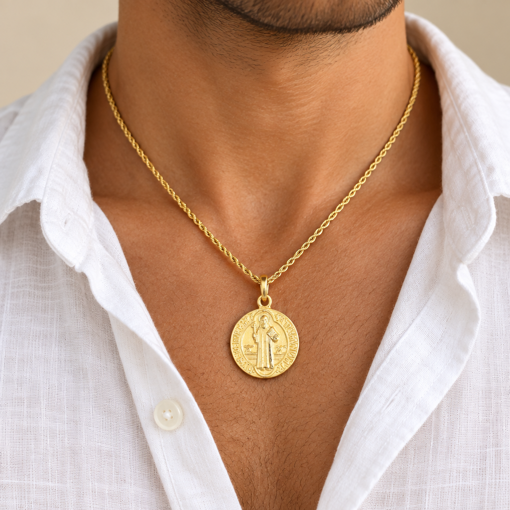 Medaglia San Benedetto mis. 2 oro giallo 18kt indossata con catena fune
