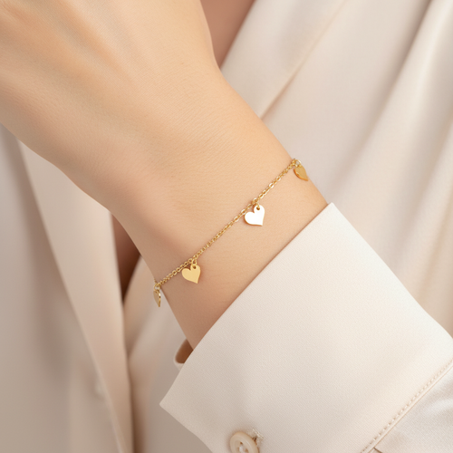 Bracciale 5 cuori pendenti oro giallo 18kt 16-18cm indossato