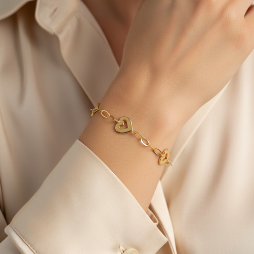 Bracciale cuori alternati oro giallo 18kt 9mm 19cm indossato