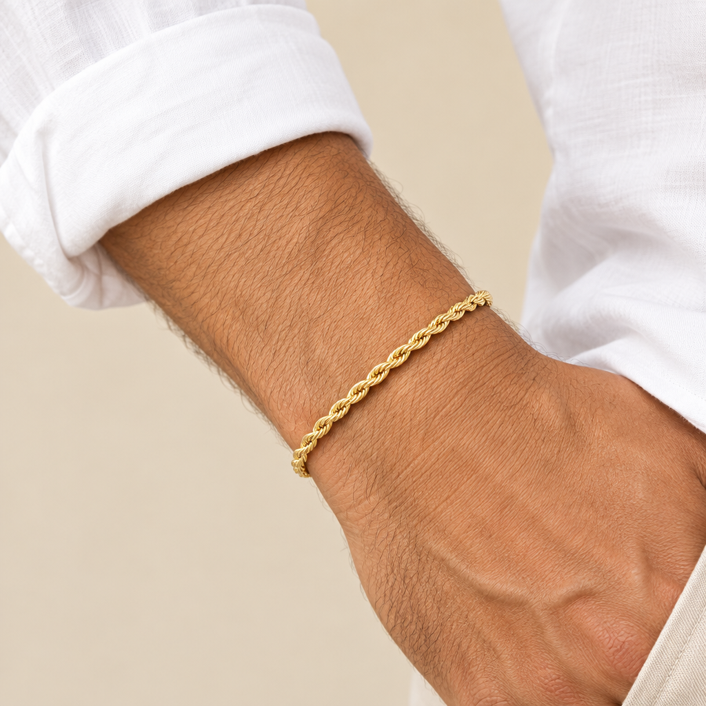 Bracciale fune vuoto oro giallo 18kt 4,3mm 19cm indossato