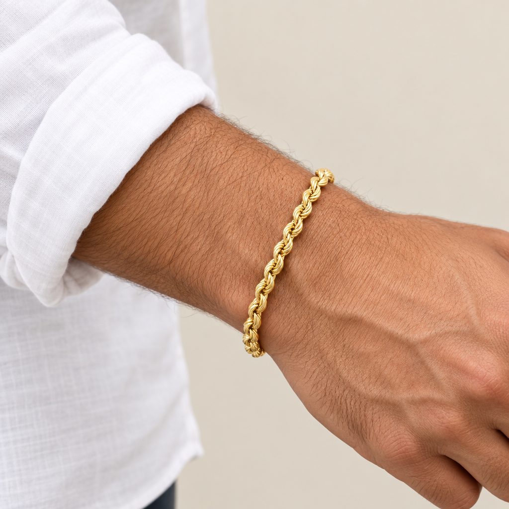 Bracciale fune vuoto oro giallo 18kt 5,6mm 19cm indossato