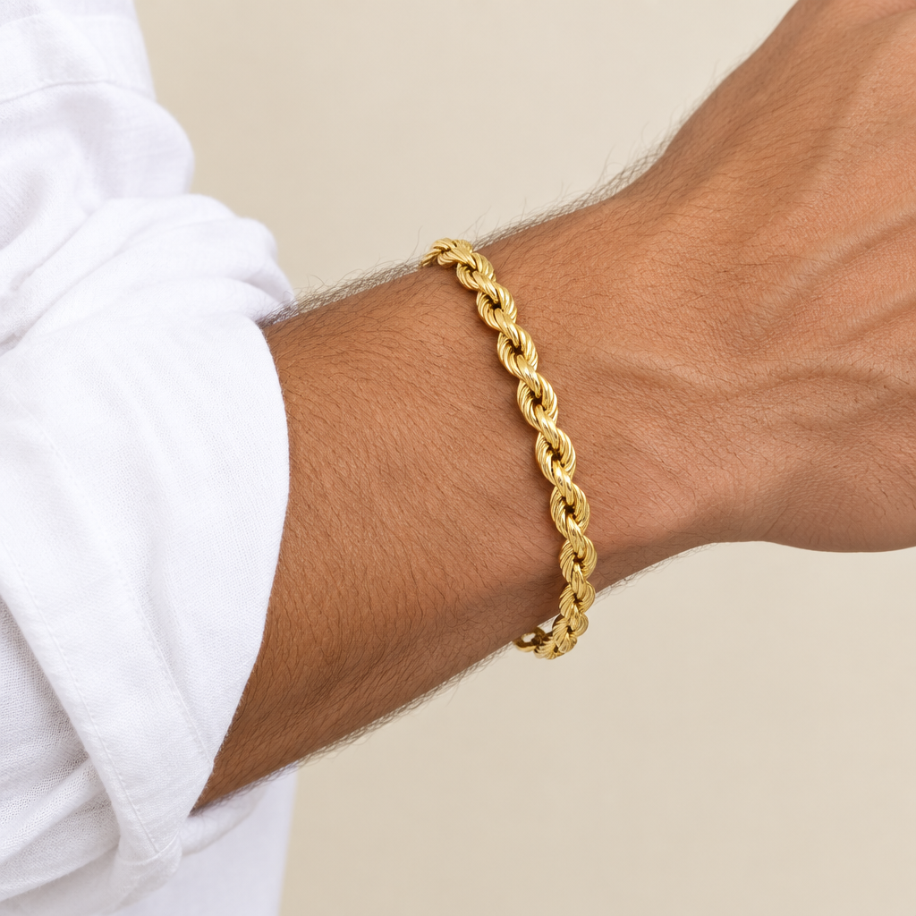 Bracciale fune vuoto oro giallo 18kt 6,5mm 19cm indossato