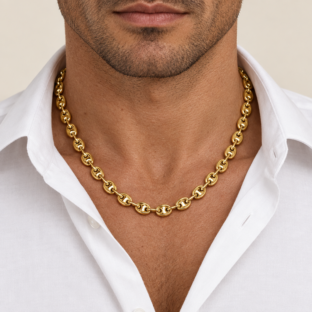 Catena maglia marina vuota oro giallo 18kt 6mm 50cm indossata