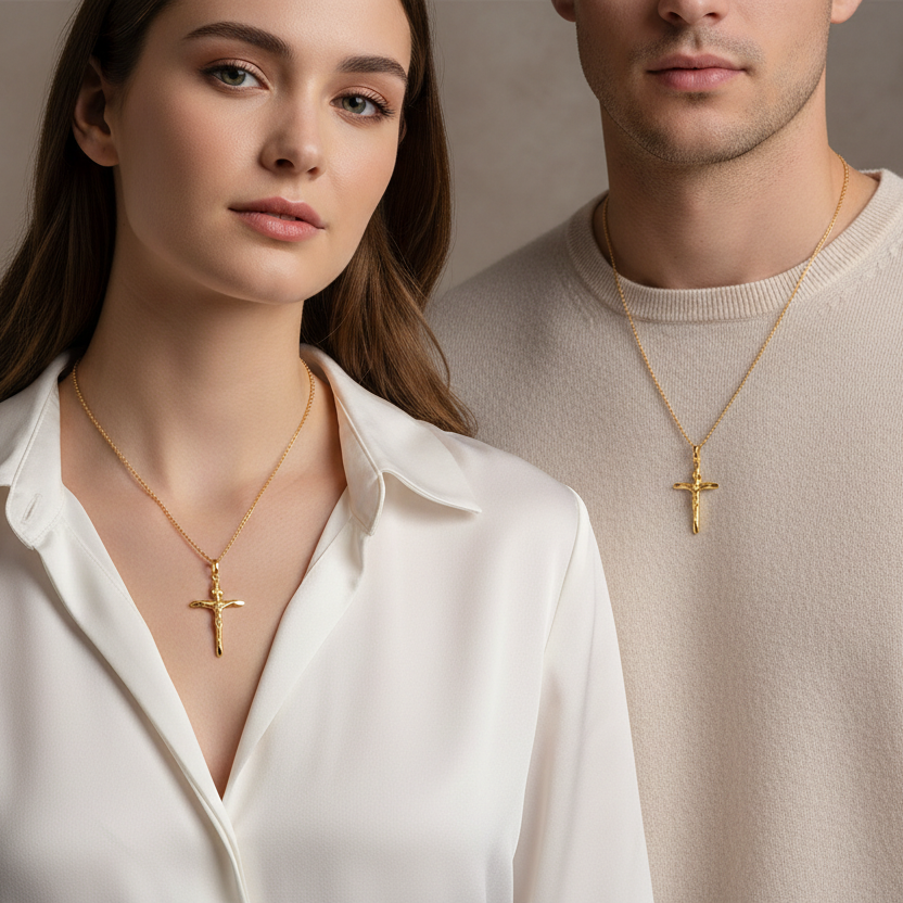 Croce stampata con Cristo oro giallo 18kt 2x3,2cm indossato