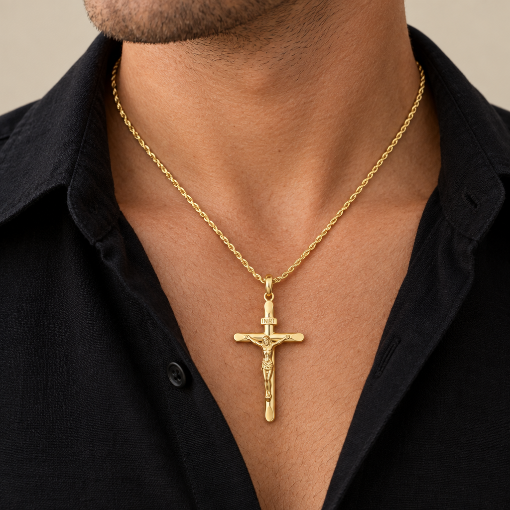 Croce stampata con Cristo oro giallo 18kt 3x4,4cm indossata con catena fune