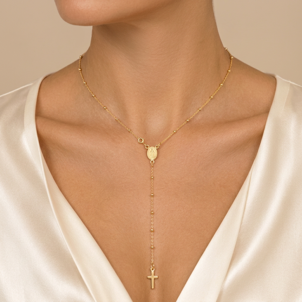Rosario a Y con Madonna Miracolosa oro giallo 18kt grani 2,5mm 45cm indossato