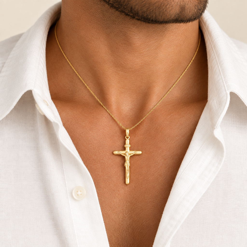 Croce scatolata con Cristo oro giallo 18kt 1,7x2,4cm indossato
