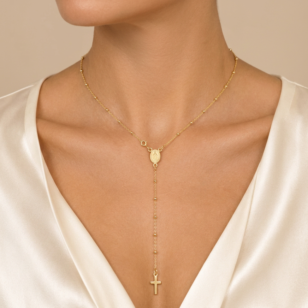 Rosario a Y con Madonna Miracolosa oro giallo 18kt grani 2mm 45cm indossato